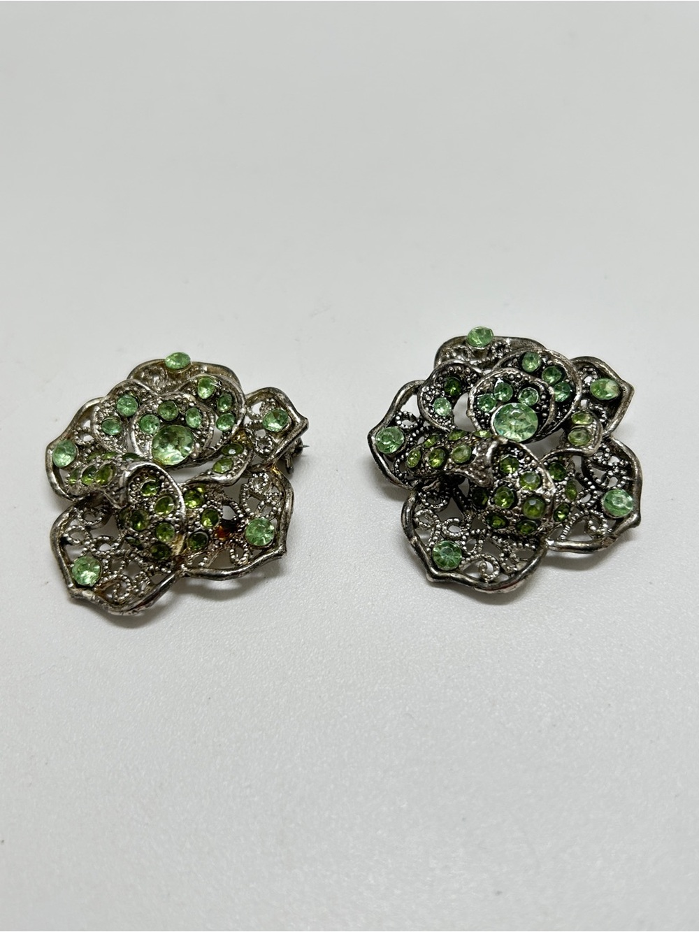 Vintage Silver And Green Crystal Floral Brooches, Set Of 2